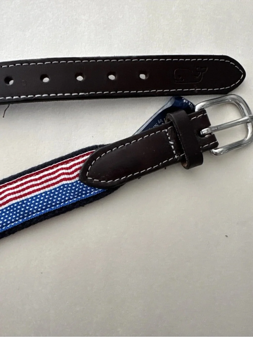 Vineyard Vines American Flag Webbing Belt with Brown Leather Trim 26